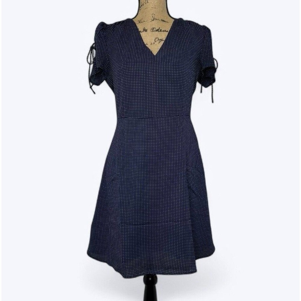 J Crew Mercantile Dress Womens Sz 4 Tie Sleeve Polka Dot Lined Blue Brunch Party